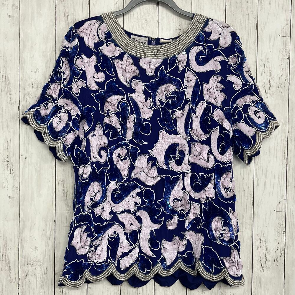 Vintage Stenay 100% Silk Beaded Top Blue Size 1X Plus Size Retro Boho Blouse